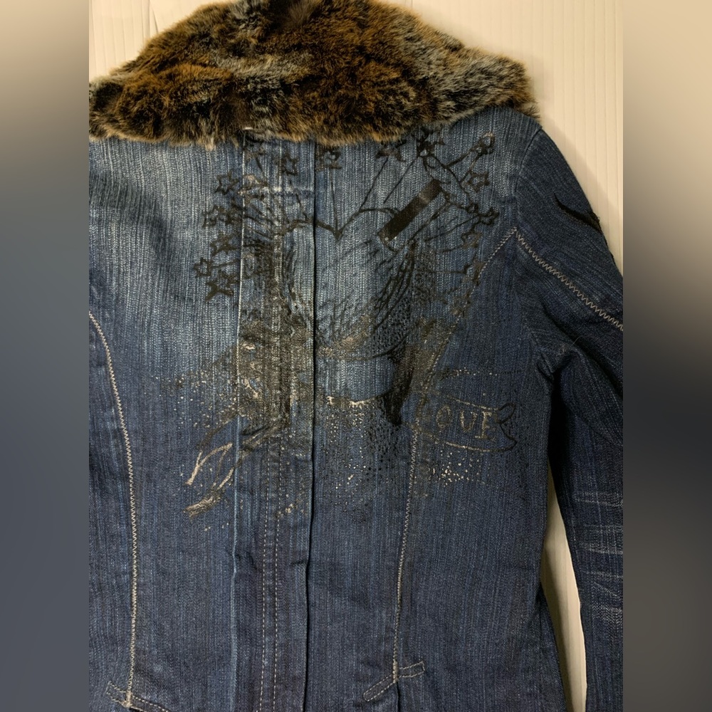 Parasuco Denim Jacket Factory Distressed Removable Faux Fur Collar Embroidery - Picture 11 of 15